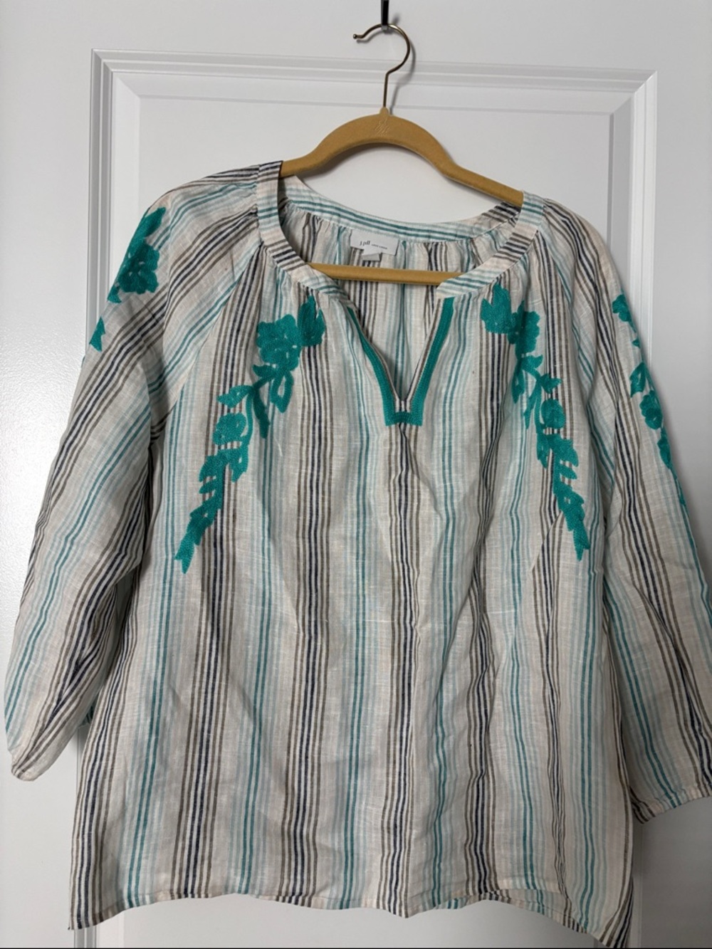 J. Jill Cream Striped Tunic with Teal Floral Embroidery